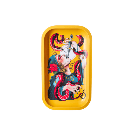 V Syndicate Serpentine Metal Rollin' Tray with colorful tattoo-style design, medium size, perfect for dry herbs