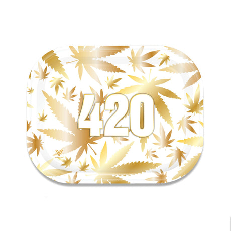 V Syndicate 420 Gold Metal Rollin' Tray - Top View with Cannabis Leaf Design