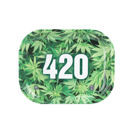 V Syndicate 420 Green Metal Rollin' Tray with cannabis leaf design, compact and portable