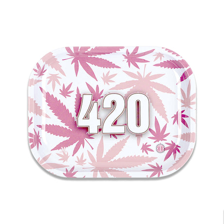 V Syndicate 420 Pink Metal Rollin' Tray, Compact Design with Cannabis Leaf Patterns, Top View