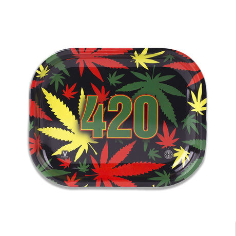 V Syndicate 420 Rasta Metal Rolling Tray with colorful leaf design, compact and portable, top view