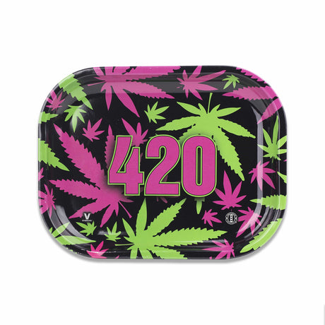 V Syndicate 420 Retro Metal Rollin' Tray in Black with Pink and Green Leaf Design - Top View