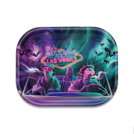 V Syndicate Bat Country Metal Rollin' Tray with vibrant Las Vegas design, compact and portable, top view