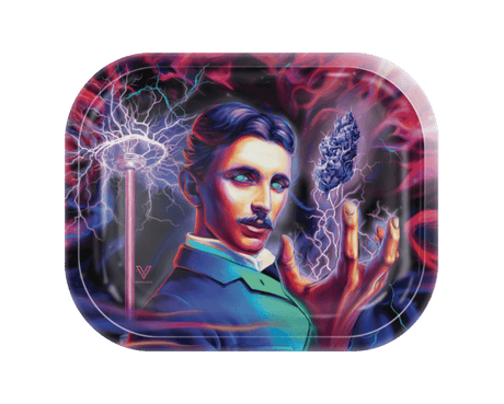 V Syndicate High Voltage Metal Rollin' Tray with Tesla-Inspired Artwork, Medium Size, Top View