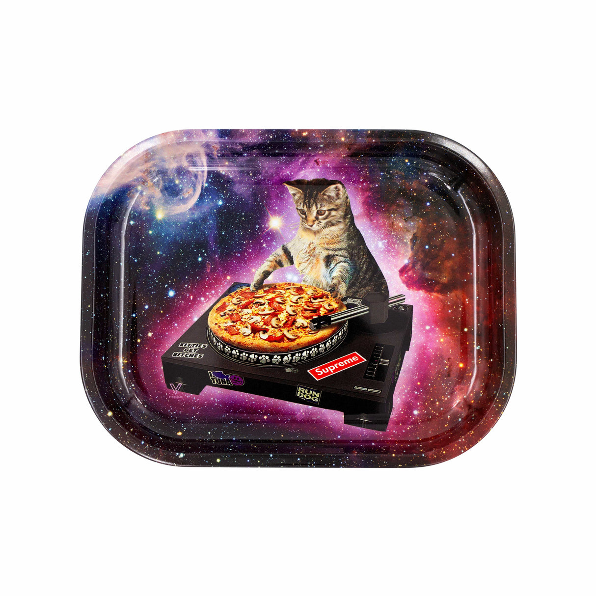 V Syndicate Pussy Vinyl Metal Rollin' Tray with Cosmic Cat Design - Compact Size