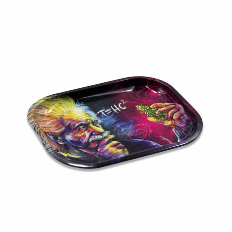 V Syndicate T=HC2 Einstein Metal Rolling Tray with colorful artwork, medium size, angled view