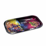 V Syndicate T=HC2 Einstein Metal Rolling Tray with vibrant multicolor design, medium size, angled view