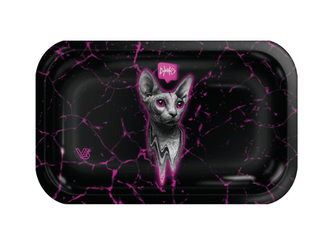 V Syndicate Stray Metal Rollin' Tray in Black with Pink Lightning Design, Compact and Portable