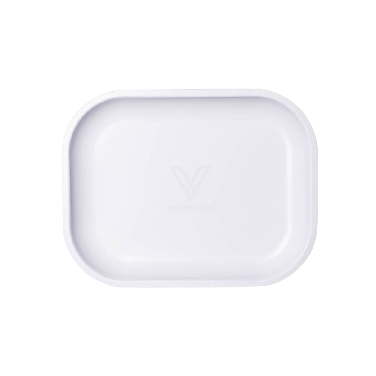 V Class White Metal Rollin' Tray by V Syndicate, compact and portable design, top view on seamless white background