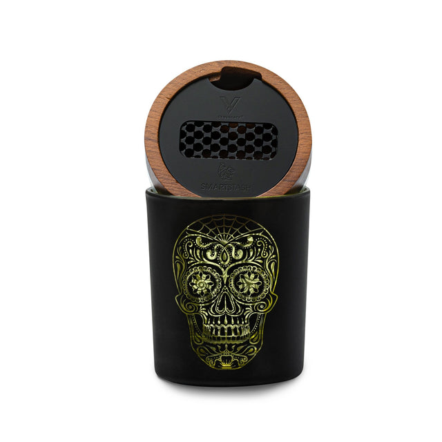 Daze of the Dead Yellow SmartStash by V Syndicate, small size, front view with wooden lid and grinder