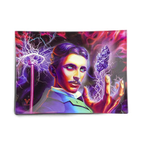 V Syndicate High Voltage Glass Rollin' Tray with Tesla and vibrant electric design, compact and durable