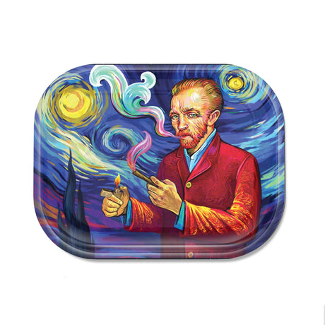 V Syndicate Smoky Night Rollin' Tray with Van Gogh-inspired artwork, compact and portable, top view