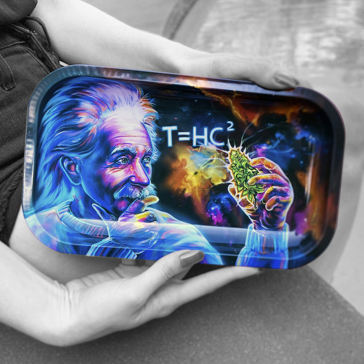 V Syndicate T=HC2 Einstein Black Hole Metal Rolling Tray in hand with cosmic design