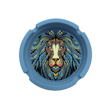 V Syndicate Tribal Lion Blazin' Silicone Ashtray in blue, top view, portable and easy to clean