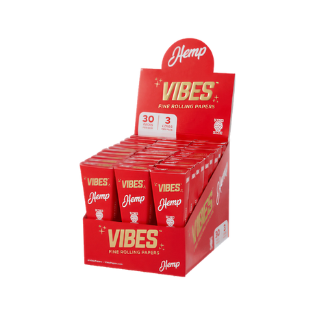 Vibes Cones Box in red showcasing King Size hemp rolling papers, front view on white background
