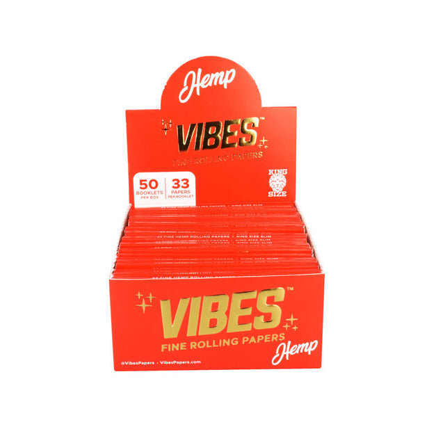 VIBES Hemp Rolling Papers display box with 50 packs, King Size, portable design for dry herbs