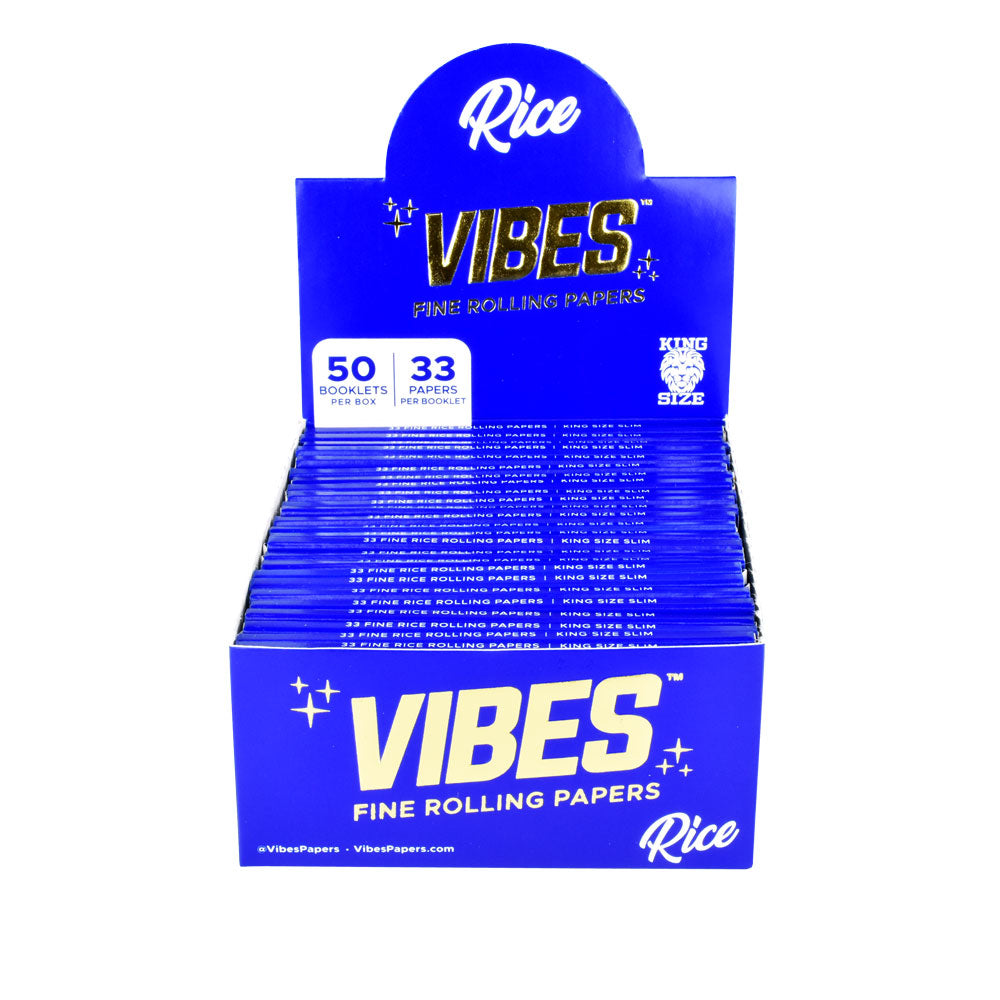 VIBES Rice Rolling Papers display box with 50 packs, portable and unbleached, front view