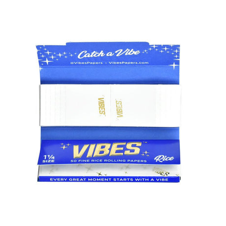 VIBES Rice Rolling Papers 1 1/4" Size with Tips, 24 Pack Front View on White Background