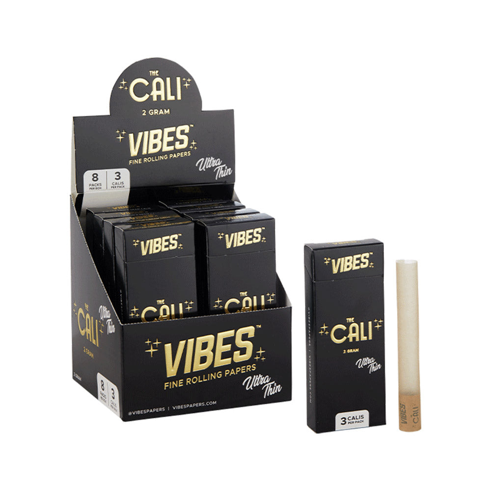 Vibes Cali Ultra Thin Pre-Rolls 3pk Display with 8 Boxes and a Rolled Cone