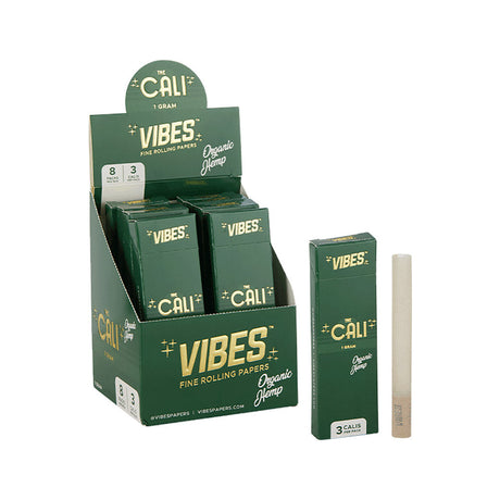 Vibes The Cali Pre-Rolls 8 Pack display box and individual hemp rolling paper cone