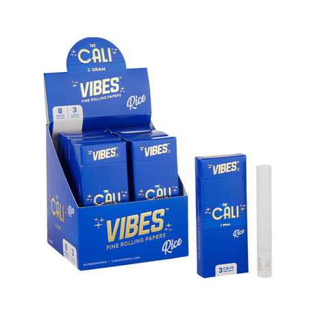 VIBES The Cali Rice Pre-Rolls 8 Pack on display with a single pre-roll, compact and portable design