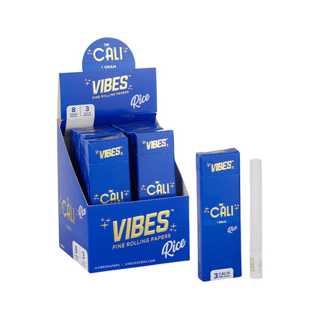 Vibes The Cali Pre-Rolls Rice 8 Pack displayed with box and individual roll, ideal for dry herbs