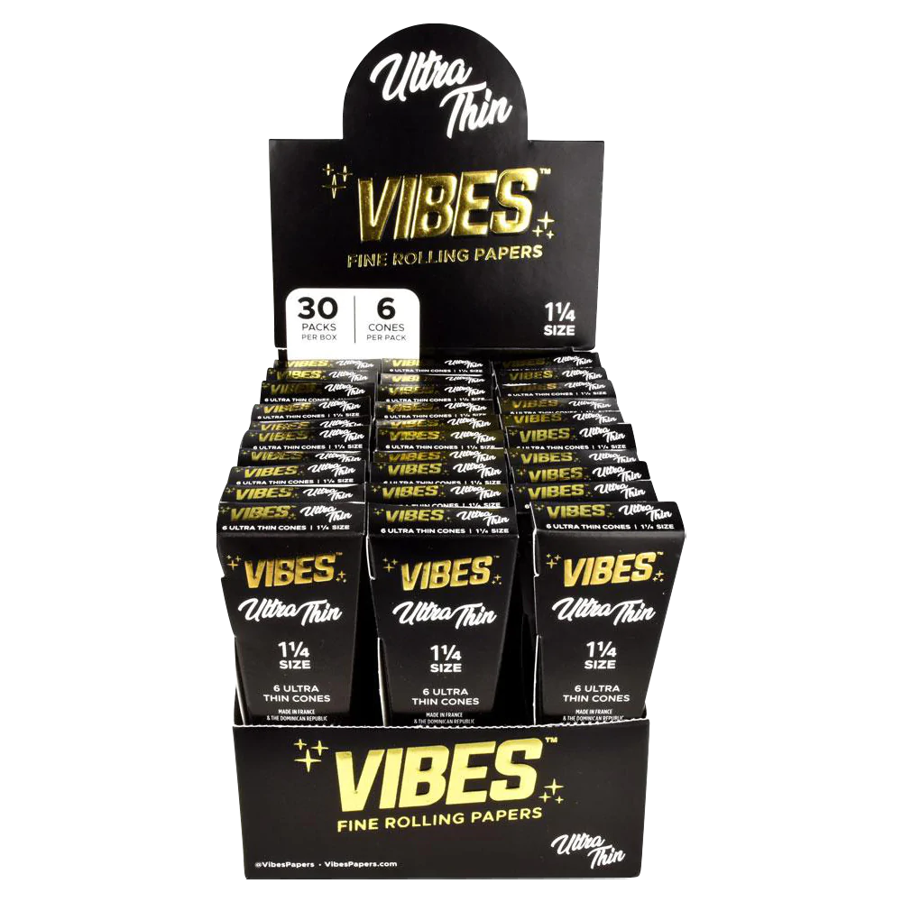 VIBES Ultra Thin Cones 30 Pack display, 1 1/4" size, for smooth dry herb rolling