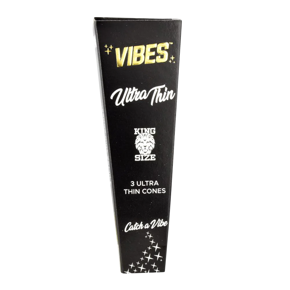 VIBES Ultra Thin King Size Cones 30 Pack, compact and portable, front view on white background