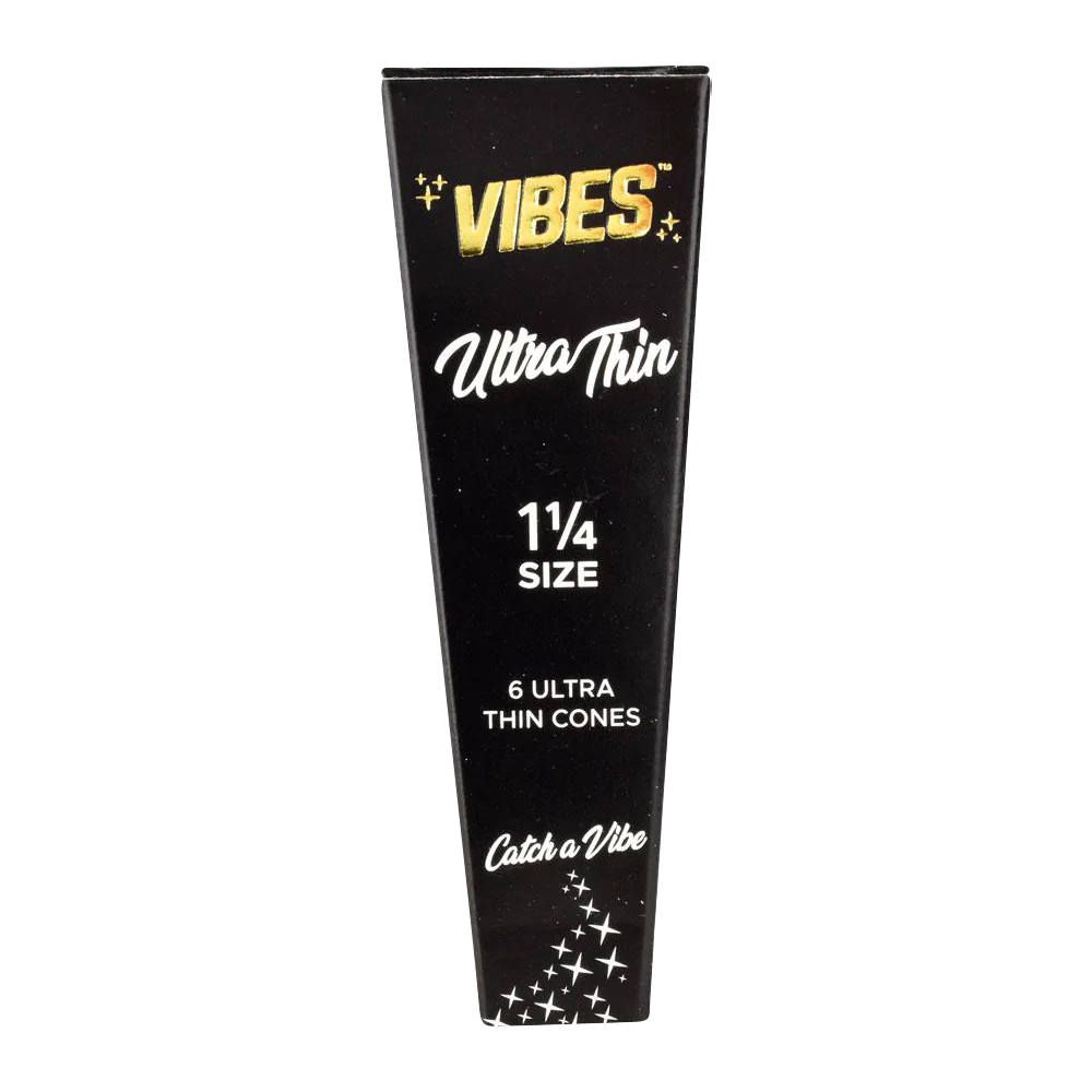 VIBES Ultra Thin Cones 1 1/4" Size 30 Pack, portable rolling papers on a striped background