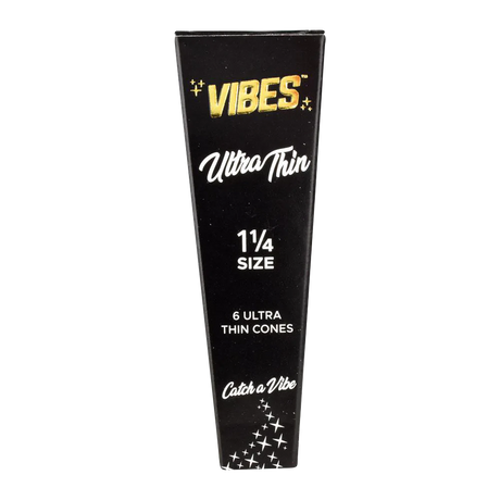 VIBES Ultra Thin Cones 1 1/4" Size 30 Pack, portable rolling papers on a striped background