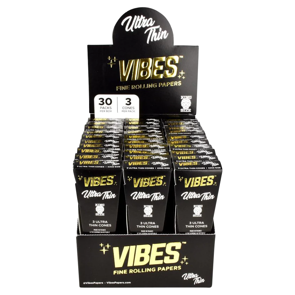 VIBES Ultra Thin Cones 30 Pack display, portable rolling papers for dry herbs, front view
