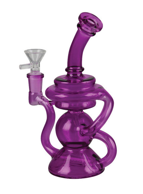 Vibrant purple recycler water pipe with a 90-degree joint and in-line percolator, front view on white background