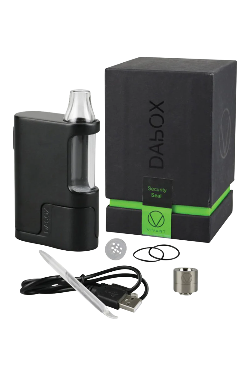 Vivant Dabox Wax Vaporizer in black, compact design with glass mouthpiece and accessories