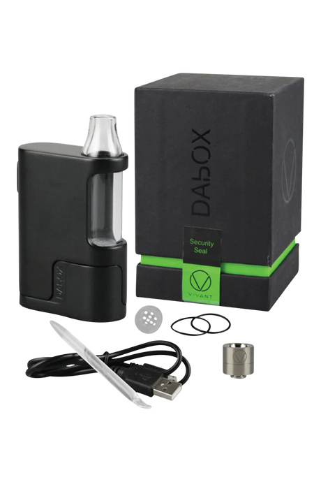 Vivant Dabox Wax Vaporizer in black, compact design with glass mouthpiece and accessories