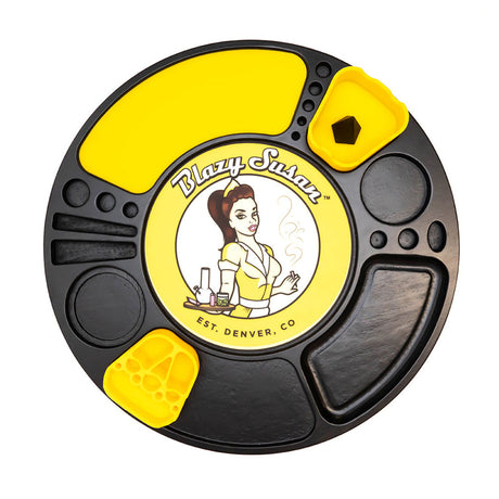 Blazy Susan Spinning Rolling Tray in Black and Yellow - Top View with Compartments