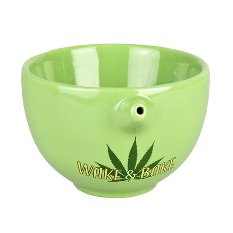Green Wake and Bake Ceramic Bowl Pipe for Dry Herbs, Front View with Cannabis Leaf Design