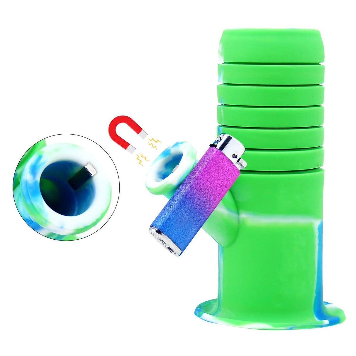 PILOT DIARY Collapsible Silicone Bong in Green, Front View with Lighter and Bowl Close-up