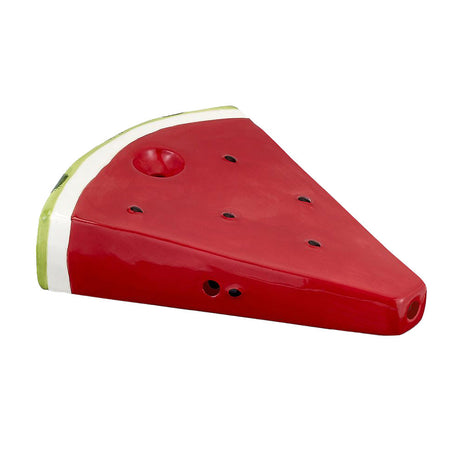 Ceramic Watermelon Hand Pipe with Green Accents, Side View on White Background