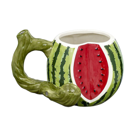 Watermelon-themed ceramic pipe mug with 18oz capacity, side view on white background