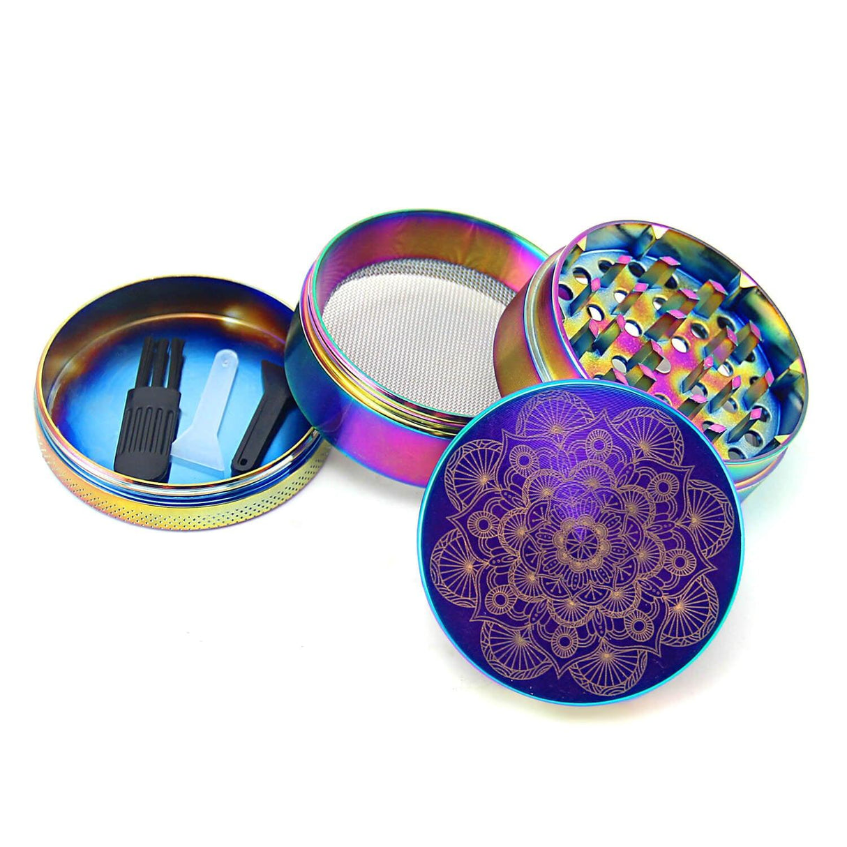 PILOT DIARY Mandala Herb Grinder open view showing all compartments and scraper tool