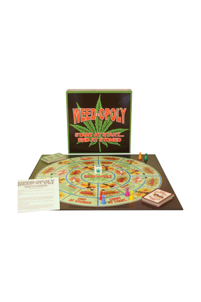 Weedopoly Board Game set up for play with colorful pieces and cards on display