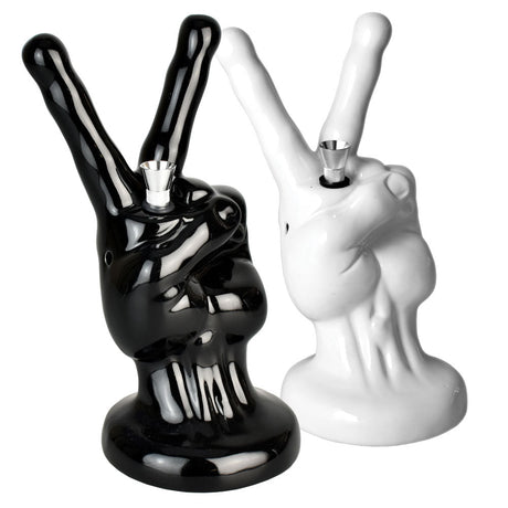 White and Black Ceramic Water Pipes shaped like Peace Sign Hands for Dry Herbs, 8.5" Tall
