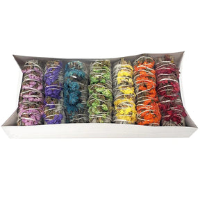 Assorted White Sage and Sinuata Bundle 7-Pack in Box, Top View, for Home Fragrance