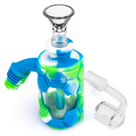 PILOTDIARY Silicone Ash Catcher in Blue and Green - Angled View with Bowl and Adapter