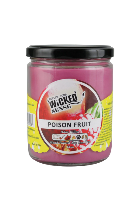 Wicked Sense Soy Candle, Poison Fruit scent, 13 oz, purple, compact design, metal lid, front view
