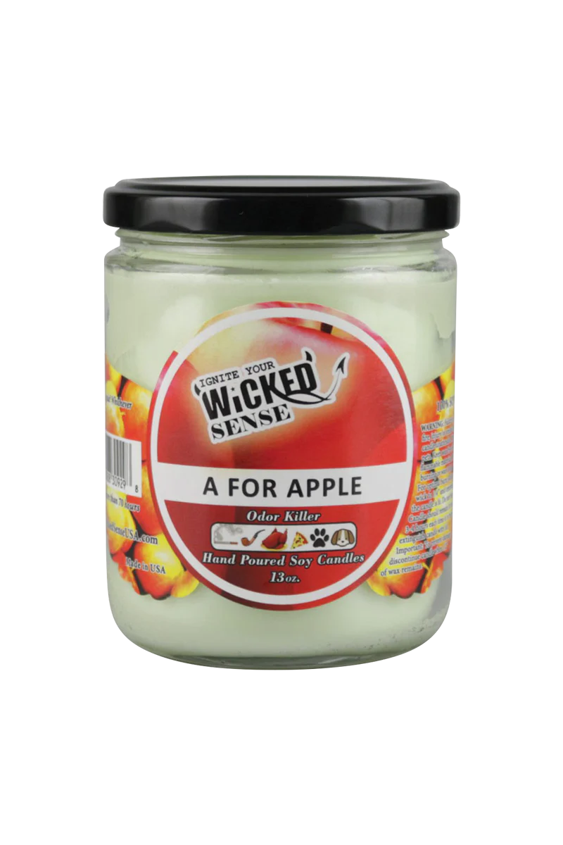 Wicked Sense Soy Candle, A for Apple scent, 13 oz, USA made, front view on white background