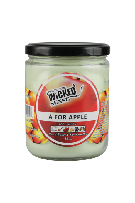 Wicked Sense Soy Candle, A for Apple scent, 13 oz, USA made, front view on white background