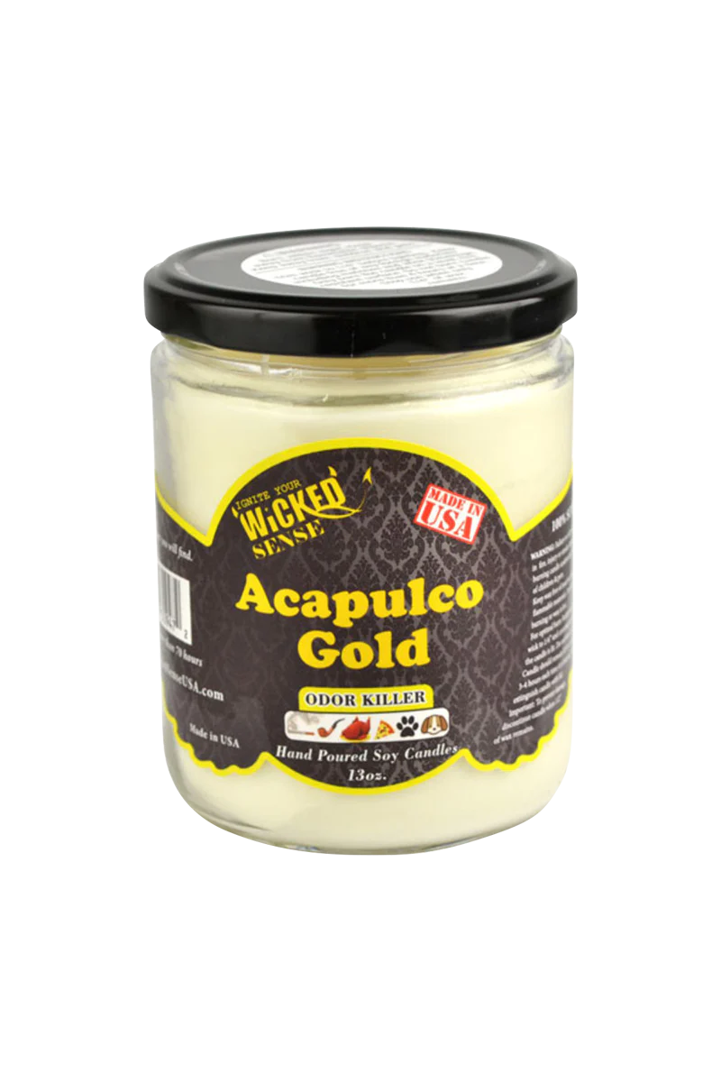 Wicked Sense Acapulco Gold Soy Candle, 13 oz, Odor Eliminating, Made in USA, Front View