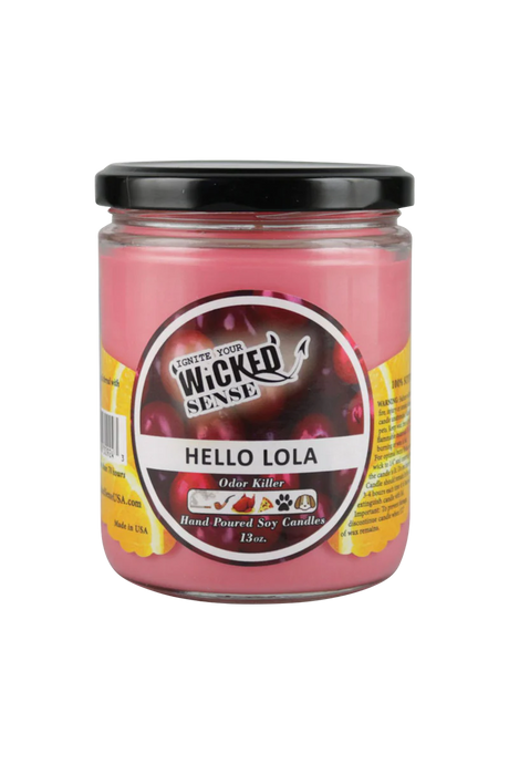 Wicked Sense Hello Lola Odor Killer, 13 oz hand-poured soy candle in metal jar, made in USA, front view.