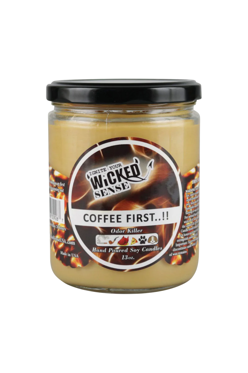 Wicked Sense 13 oz Soy Candle, Coffee Scent, Odor Eliminating, Front View on Seamless White